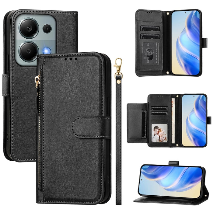 Estuche de cuero para teléfono con cremallera y ranuras para varias tarjetas, For Redmi Note 14 5G, For Redmi 14C 4G, For Redmi K70 Ultra 5G, For Redmi 13 5G / 4G Global, For Redmi A3 4G Global / A3X 4G, For Redmi Note 13 Pro 4G Global                 ...