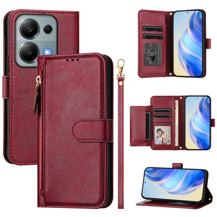 Estuche de cuero para teléfono con cremallera y ranuras para varias tarjetas, For Redmi Note 14 5G, For Redmi 14C 4G, For Redmi K70 Ultra 5G, For Redmi 13 5G / 4G Global, For Redmi A3 4G Global / A3X 4G, For Redmi Note 13 Pro 4G Global                 ...