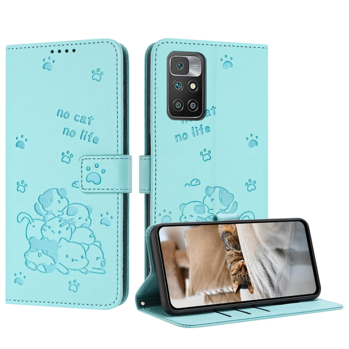 Funda de cuero para teléfono con gatito en relieve y cordón, For Redmi Note 10 Pro