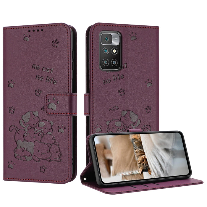 Funda de cuero para teléfono con gatito en relieve y cordón, For Redmi Note 10 Pro