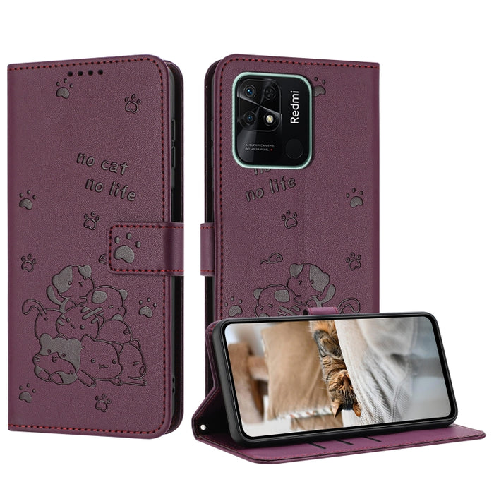 Funda de cuero para teléfono con gatito en relieve y cordón, For Redmi Note 10 Pro