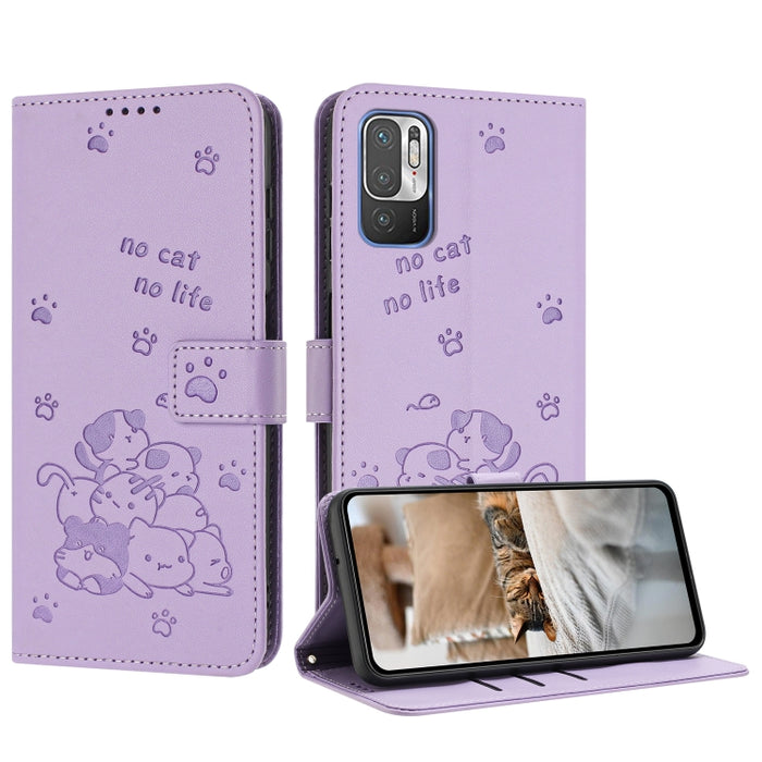 Funda de cuero para teléfono con gatito en relieve y cordón, For Redmi Note 10 Pro