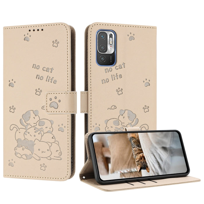 Funda de cuero para teléfono con gatito en relieve y cordón, For Redmi Note 10 Pro