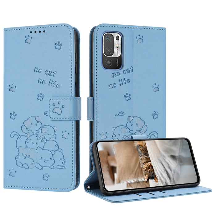 Funda de cuero para teléfono con gatito en relieve y cordón, For Redmi Note 10 Pro