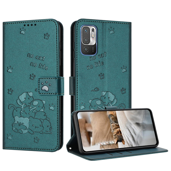 Funda de cuero para teléfono con gatito en relieve y cordón, For Redmi Note 10 Pro