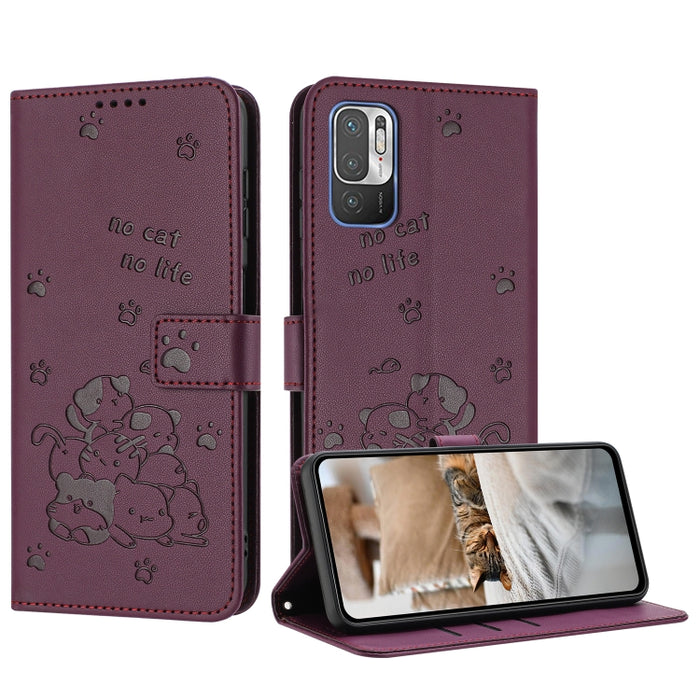 Funda de cuero para teléfono con gatito en relieve y cordón, For Redmi Note 10 Pro