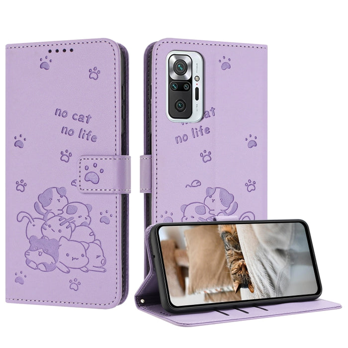 Funda de cuero para teléfono con gatito en relieve y cordón, For Redmi Note 10 Pro