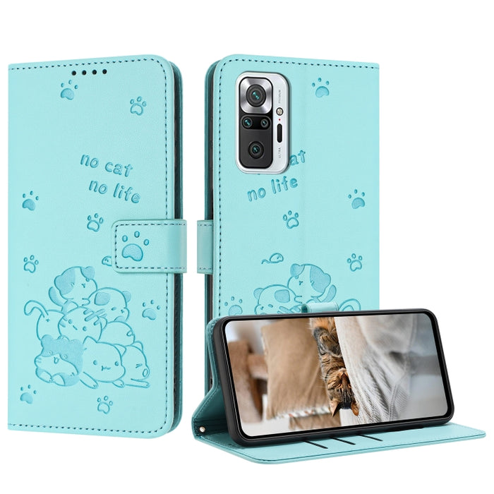 Funda de cuero para teléfono con gatito en relieve y cordón, For Redmi Note 10 Pro