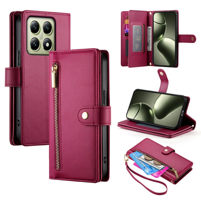 Cartera con cremallera y nueve ranuras para tarjetas, funda de cuero para teléfono, For Xiaomi 17 Max 5G, For Xiaomi 17T Pro 5G, For Xiaomi 17T 5G, For Xiaomi 17 Pro Max, For Xiaomi 17 Pro, For Xiaomi 17, For Xiaomi Poco M7 4G 169mm, For Xiaomi 15T Pro...