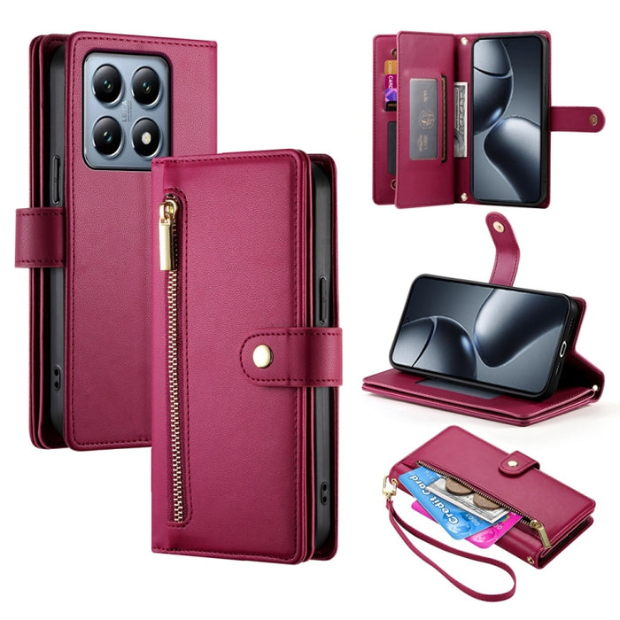 Cartera con cremallera y nueve ranuras para tarjetas, funda de cuero para teléfono, For Xiaomi 17 Max 5G, For Xiaomi 17T Pro 5G, For Xiaomi 17T 5G, For Xiaomi 17 Pro Max, For Xiaomi 17 Pro, For Xiaomi 17, For Xiaomi Poco M7 4G 169mm, For Xiaomi 15T Pro...