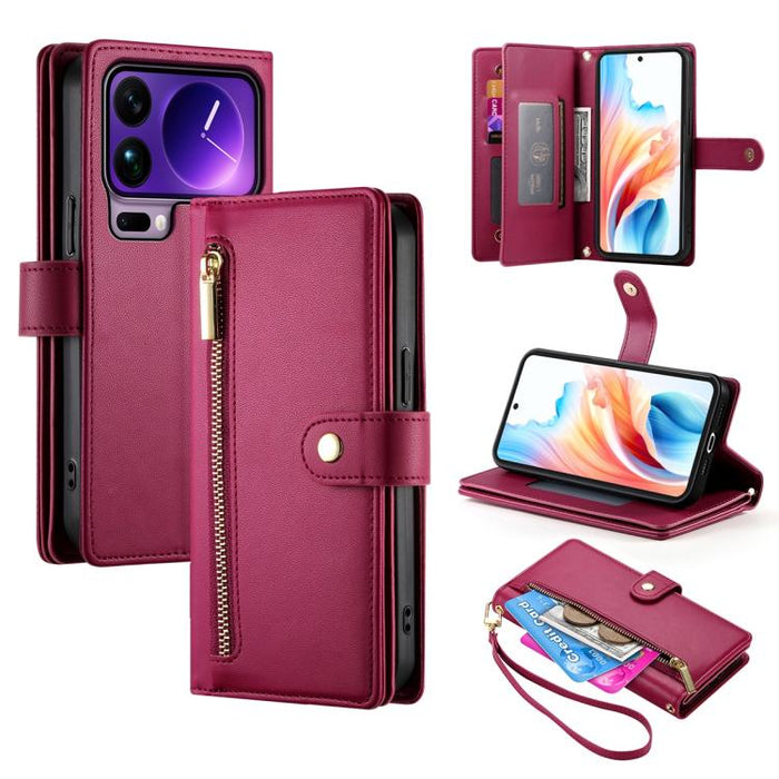 Cartera con cremallera y nueve ranuras para tarjetas, funda de cuero para teléfono, For Xiaomi 17 Max 5G, For Xiaomi 17T Pro 5G, For Xiaomi 17T 5G, For Xiaomi 17 Pro Max, For Xiaomi 17 Pro, For Xiaomi 17, For Xiaomi Poco M7 4G 169mm, For Xiaomi 15T Pro...