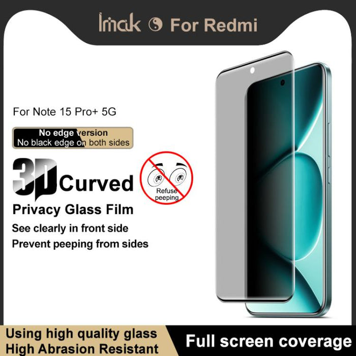 Película de vidrio templado de pantalla completa con protección de privacidad 3D curvada sin bordes de imak, For Redmi Note 15 Pro+ 5G Global 163.3mm, For Redmi Note 15 4G Global 164mm, For Redmi Note 15 Pro 4G Global 163.2mm                           ...