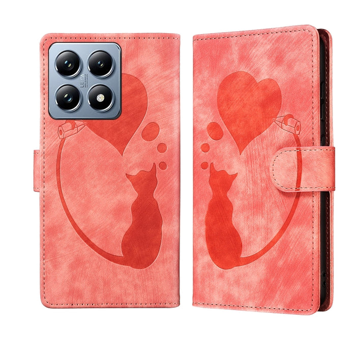 Funda para teléfono de cuero con relieve de gato y corazón de bolígrafo, For Xiaomi 15T Pro 5G, For Xiaomi 15T 5G, For Xiaomi Poco C75, For Xiaomi 14T Pro, For Xiaomi 14T