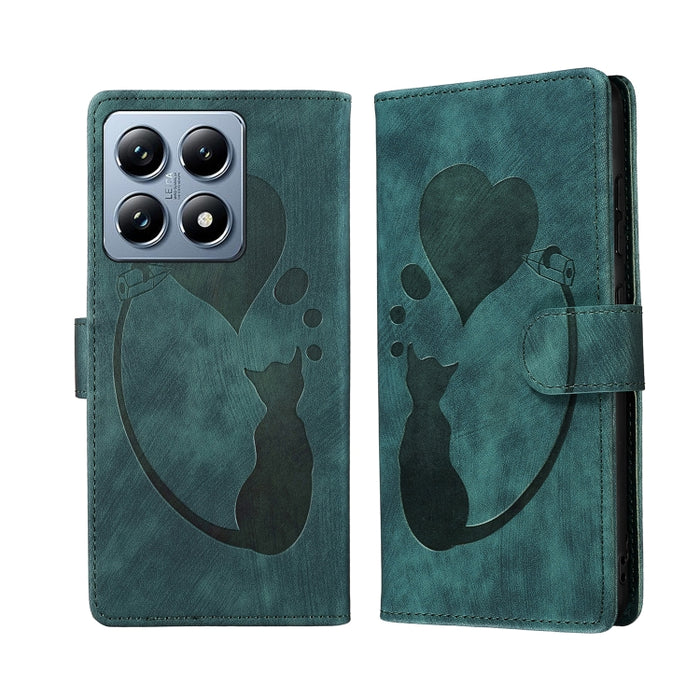 Funda para teléfono de cuero con relieve de gato y corazón de bolígrafo, For Xiaomi 15T Pro 5G, For Xiaomi 15T 5G, For Xiaomi Poco C75, For Xiaomi 14T Pro, For Xiaomi 14T