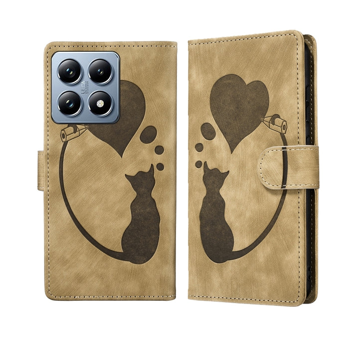 Funda para teléfono de cuero con relieve de gato y corazón de bolígrafo, For Xiaomi 15T Pro 5G, For Xiaomi 15T 5G, For Xiaomi Poco C75, For Xiaomi 14T Pro, For Xiaomi 14T