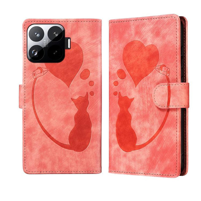 Funda para teléfono de cuero con relieve de gato y corazón de bolígrafo, For Xiaomi 15T Pro 5G, For Xiaomi 15T 5G, For Xiaomi Poco C75, For Xiaomi 14T Pro, For Xiaomi 14T