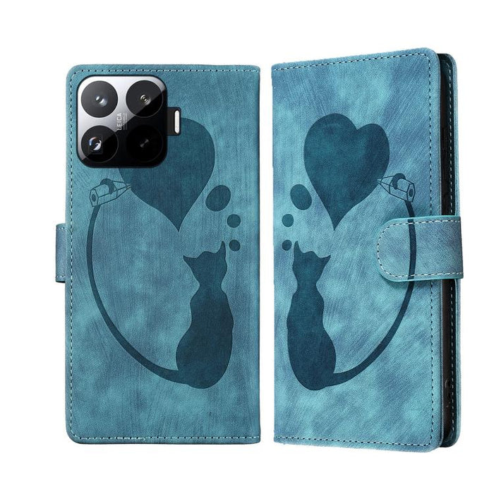Funda para teléfono de cuero con relieve de gato y corazón de bolígrafo, For Xiaomi 15T Pro 5G, For Xiaomi 15T 5G, For Xiaomi Poco C75, For Xiaomi 14T Pro, For Xiaomi 14T