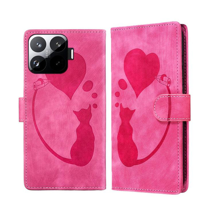 Funda para teléfono de cuero con relieve de gato y corazón de bolígrafo, For Xiaomi 15T Pro 5G, For Xiaomi 15T 5G, For Xiaomi Poco C75, For Xiaomi 14T Pro, For Xiaomi 14T