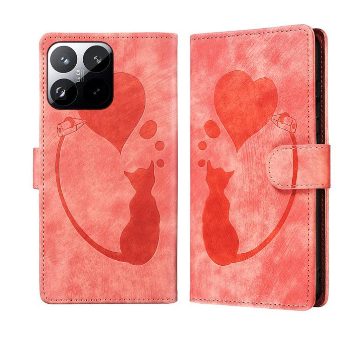 Funda para teléfono de cuero con relieve de gato y corazón de bolígrafo, For Xiaomi 15T Pro 5G, For Xiaomi 15T 5G, For Xiaomi Poco C75, For Xiaomi 14T Pro, For Xiaomi 14T