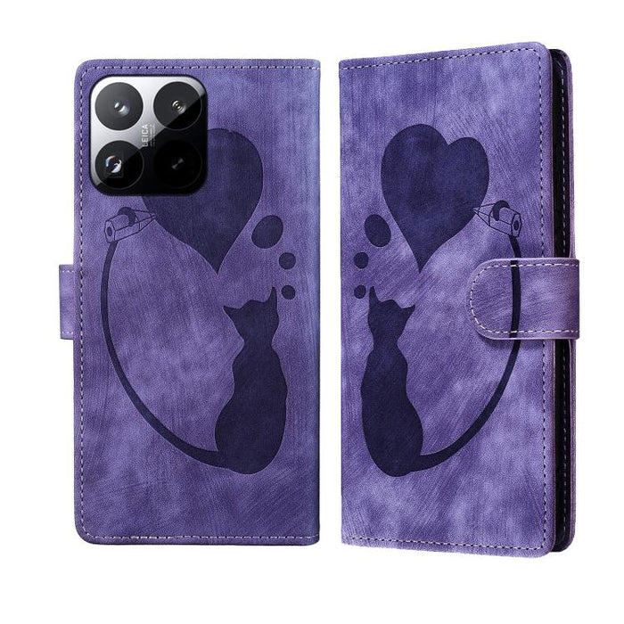 Funda para teléfono de cuero con relieve de gato y corazón de bolígrafo, For Xiaomi 15T Pro 5G, For Xiaomi 15T 5G, For Xiaomi Poco C75, For Xiaomi 14T Pro, For Xiaomi 14T