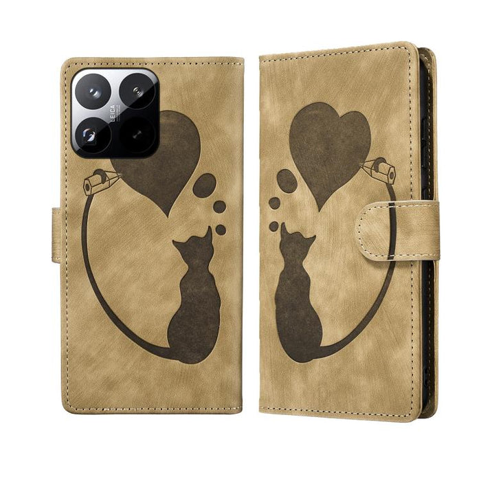 Funda para teléfono de cuero con relieve de gato y corazón de bolígrafo, For Xiaomi 15T Pro 5G, For Xiaomi 15T 5G, For Xiaomi Poco C75, For Xiaomi 14T Pro, For Xiaomi 14T