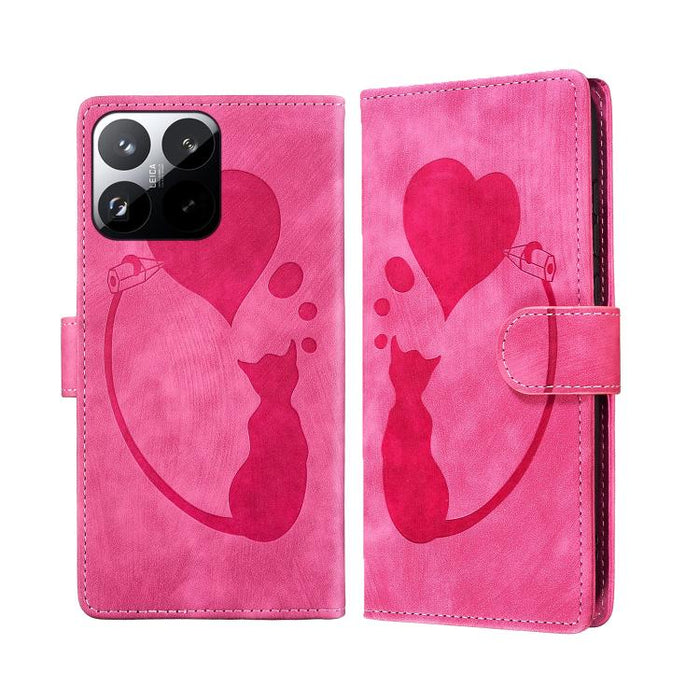 Funda para teléfono de cuero con relieve de gato y corazón de bolígrafo, For Xiaomi 15T Pro 5G, For Xiaomi 15T 5G, For Xiaomi Poco C75, For Xiaomi 14T Pro, For Xiaomi 14T