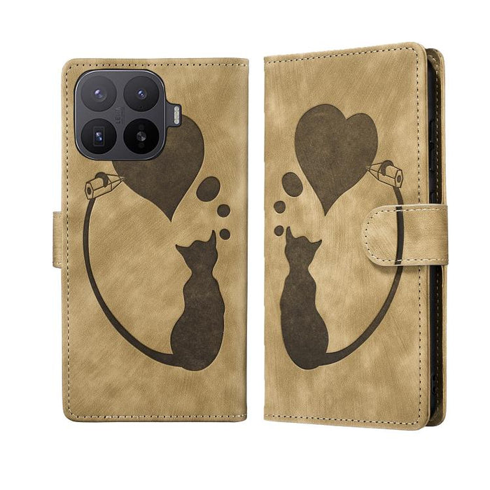 Funda para teléfono de cuero con relieve de gato y corazón de bolígrafo, For Xiaomi 15T Pro 5G, For Xiaomi 15T 5G, For Xiaomi Poco C75, For Xiaomi 14T Pro, For Xiaomi 14T
