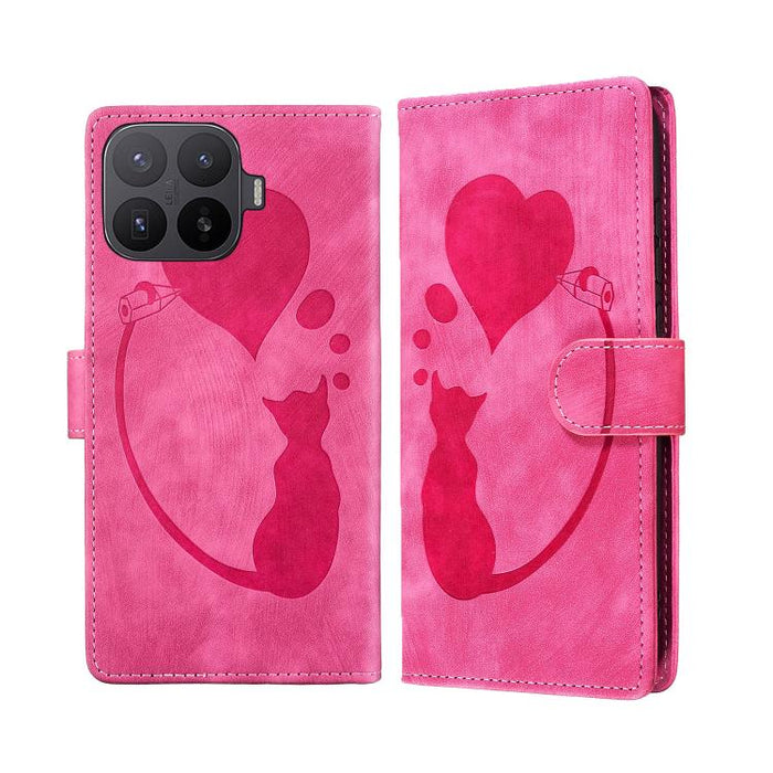 Funda para teléfono de cuero con relieve de gato y corazón de bolígrafo, For Xiaomi 15T Pro 5G, For Xiaomi 15T 5G, For Xiaomi Poco C75, For Xiaomi 14T Pro, For Xiaomi 14T