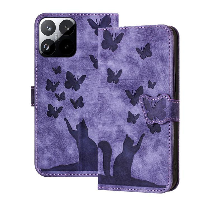 Funda de cuero con tapa para teléfono con estampado de gato y mariposa, For Xiaomi 15T Pro 5G, For Xiaomi 15T 5G, For Xiaomi Poco C75, For Xiaomi 14T Pro, For Xiaomi 14T
