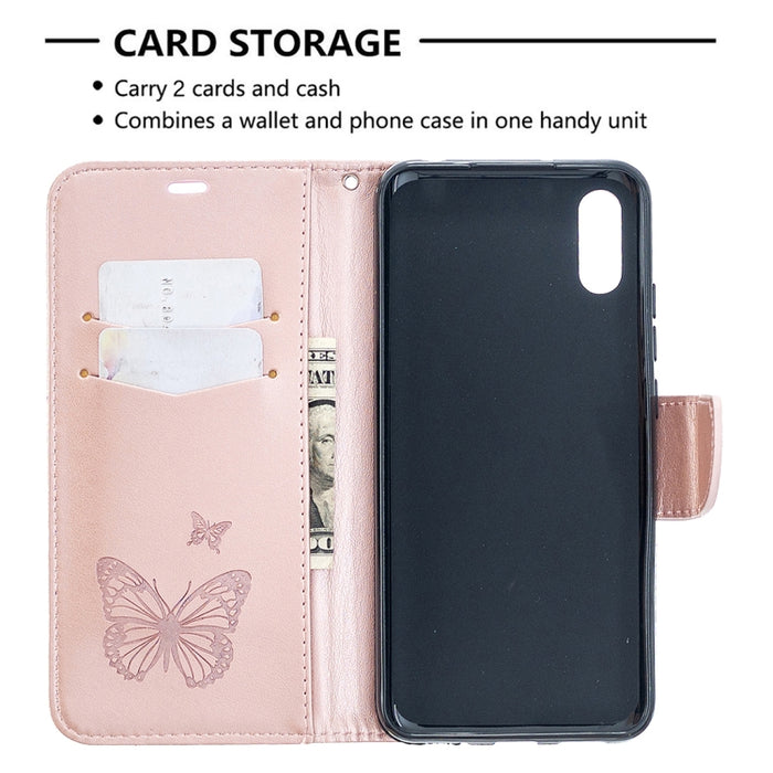 Estuche de cuero con tapa horizontal con estampado de dos mariposas con soporte, ranura para tarjeta, billetera y cordón, For Xiaomi Redmi 9A, For Xiaomi Redmi 9C
