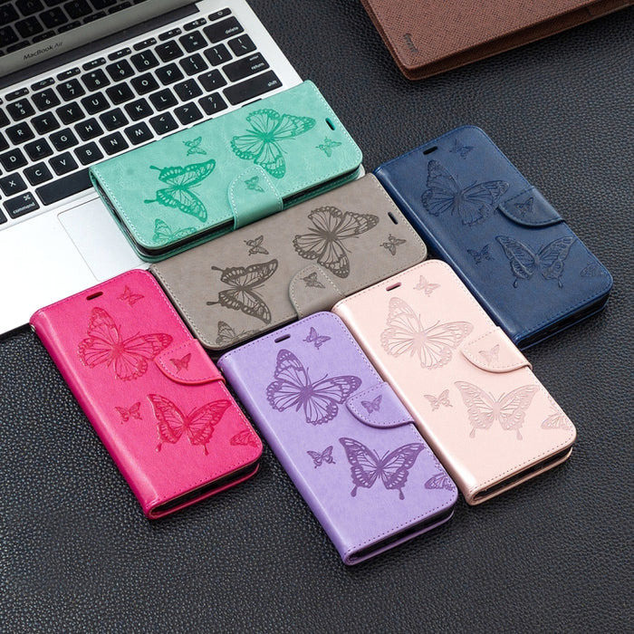 Estuche de cuero con tapa horizontal con estampado de dos mariposas con soporte, ranura para tarjeta, billetera y cordón, For Xiaomi Redmi 9A, For Xiaomi Redmi 9C