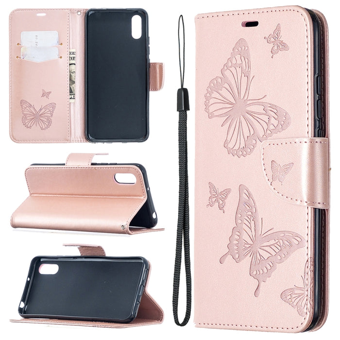 Estuche de cuero con tapa horizontal con estampado de dos mariposas con soporte, ranura para tarjeta, billetera y cordón, For Xiaomi Redmi 9A, For Xiaomi Redmi 9C