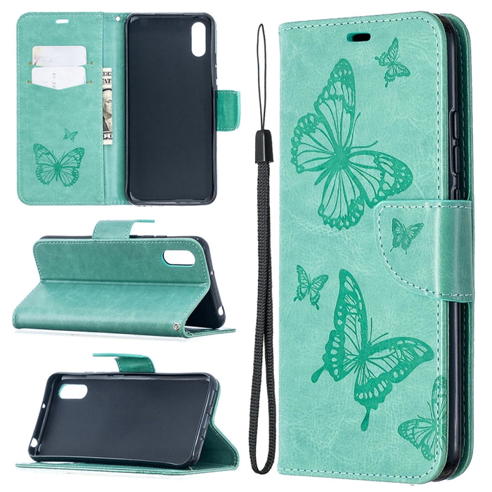 Estuche de cuero con tapa horizontal con estampado de dos mariposas con soporte, ranura para tarjeta, billetera y cordón, For Xiaomi Redmi 9A, For Xiaomi Redmi 9C