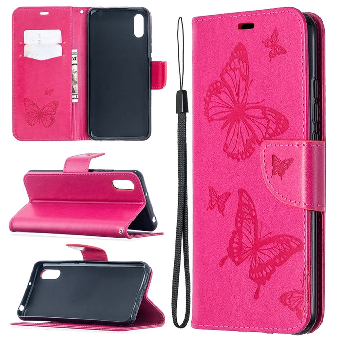 Estuche de cuero con tapa horizontal con estampado de dos mariposas con soporte, ranura para tarjeta, billetera y cordón, For Xiaomi Redmi 9A, For Xiaomi Redmi 9C