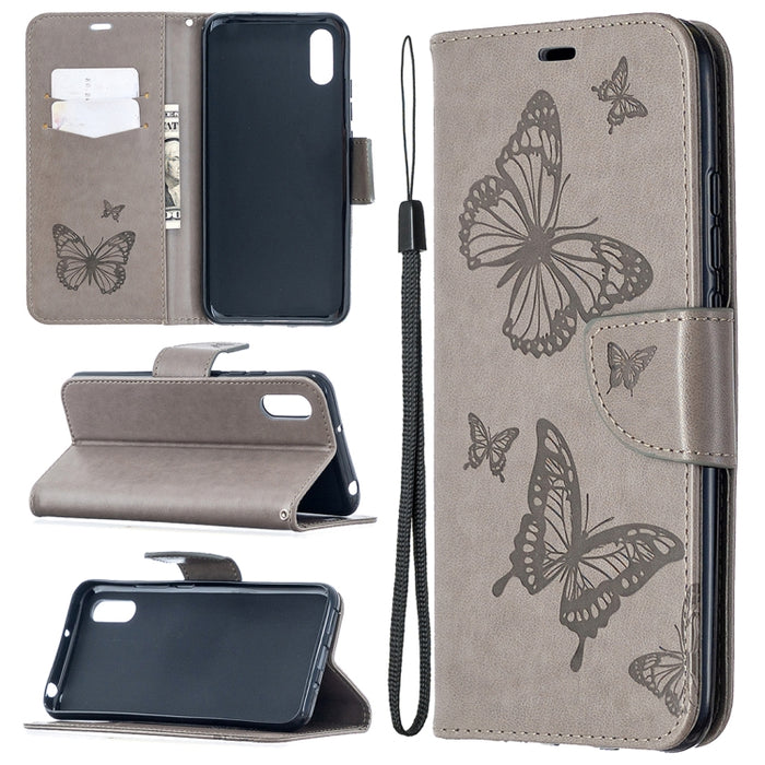 Estuche de cuero con tapa horizontal con estampado de dos mariposas con soporte, ranura para tarjeta, billetera y cordón, For Xiaomi Redmi 9A, For Xiaomi Redmi 9C