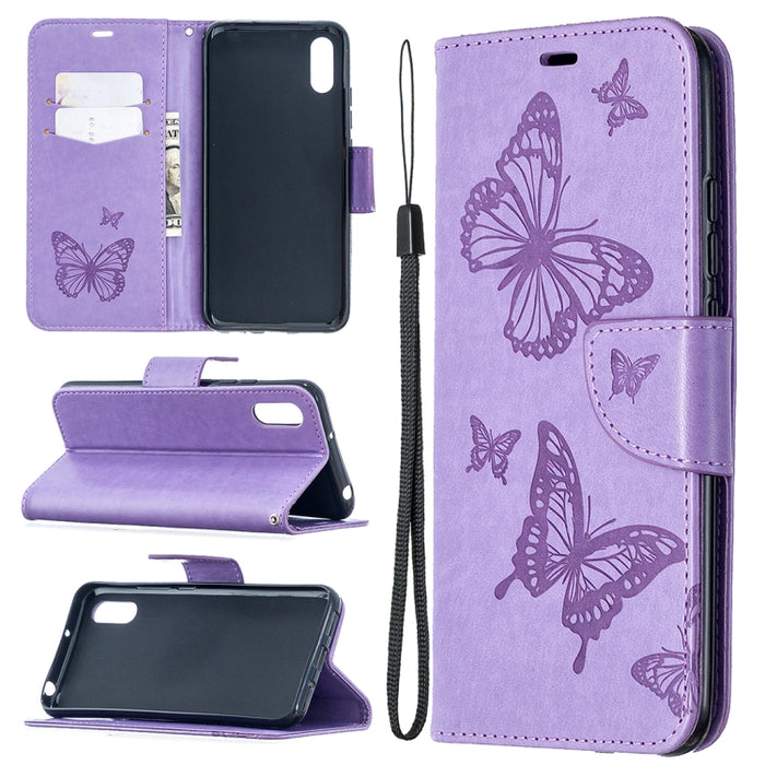 Estuche de cuero con tapa horizontal con estampado de dos mariposas con soporte, ranura para tarjeta, billetera y cordón, For Xiaomi Redmi 9A, For Xiaomi Redmi 9C