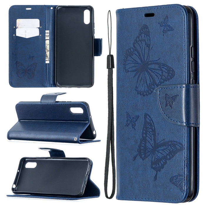 Estuche de cuero con tapa horizontal con estampado de dos mariposas con soporte, ranura para tarjeta, billetera y cordón, For Xiaomi Redmi 9A, For Xiaomi Redmi 9C