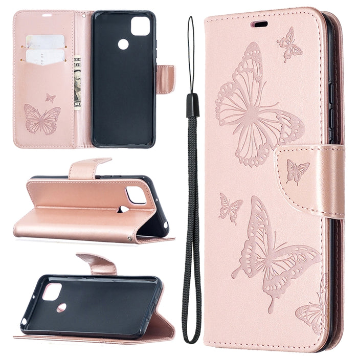 Estuche de cuero con tapa horizontal con estampado de dos mariposas con soporte, ranura para tarjeta, billetera y cordón, For Xiaomi Redmi 9A, For Xiaomi Redmi 9C