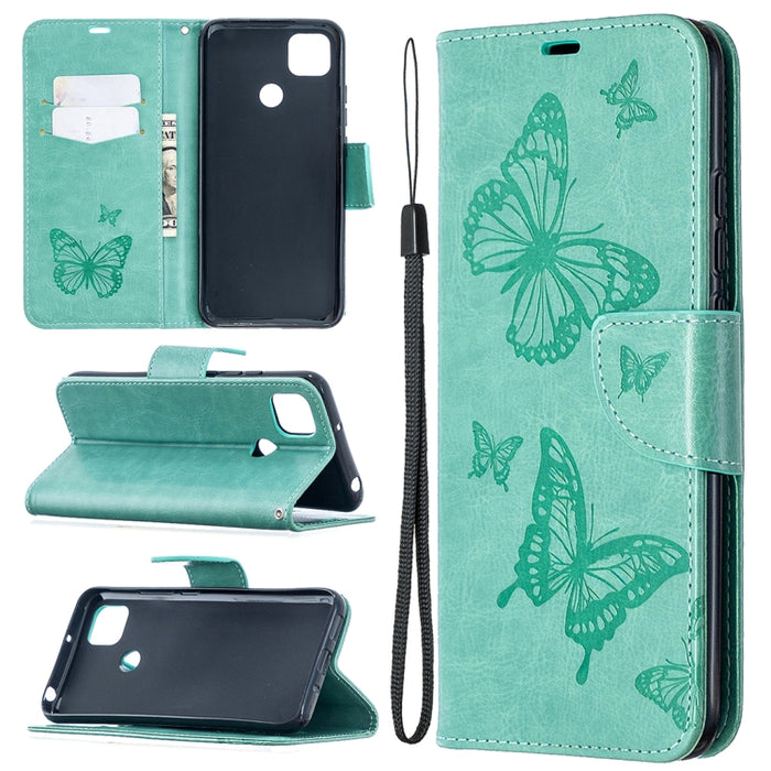 Estuche de cuero con tapa horizontal con estampado de dos mariposas con soporte, ranura para tarjeta, billetera y cordón, For Xiaomi Redmi 9A, For Xiaomi Redmi 9C