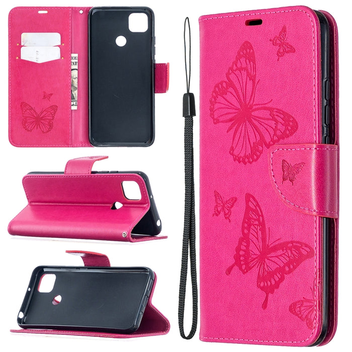 Estuche de cuero con tapa horizontal con estampado de dos mariposas con soporte, ranura para tarjeta, billetera y cordón, For Xiaomi Redmi 9A, For Xiaomi Redmi 9C