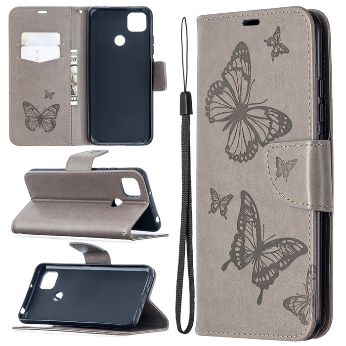 Estuche de cuero con tapa horizontal con estampado de dos mariposas con soporte, ranura para tarjeta, billetera y cordón, For Xiaomi Redmi 9A, For Xiaomi Redmi 9C