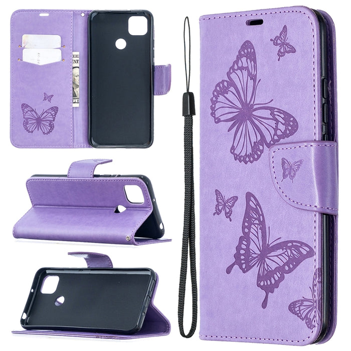 Estuche de cuero con tapa horizontal con estampado de dos mariposas con soporte, ranura para tarjeta, billetera y cordón, For Xiaomi Redmi 9A, For Xiaomi Redmi 9C