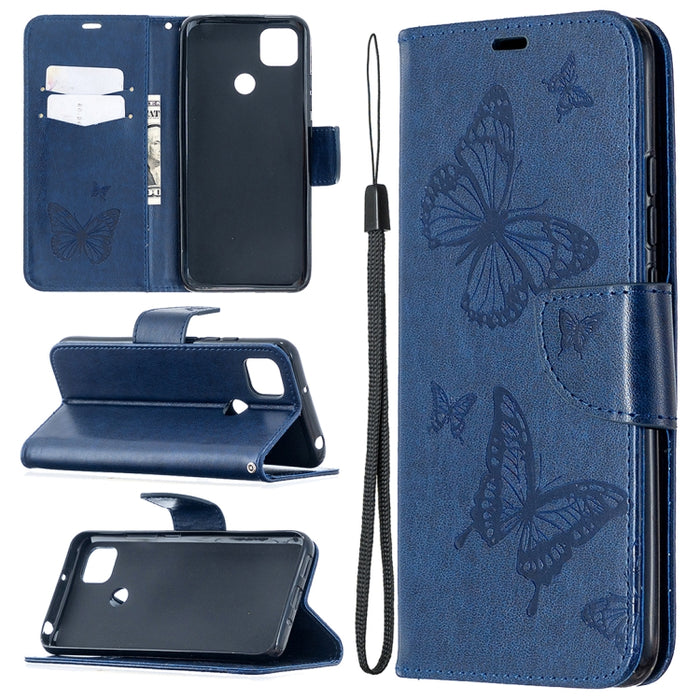 Estuche de cuero con tapa horizontal con estampado de dos mariposas con soporte, ranura para tarjeta, billetera y cordón, For Xiaomi Redmi 9A, For Xiaomi Redmi 9C