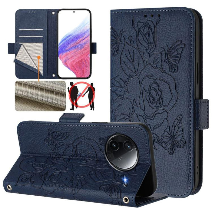 Funda de cuero antirrobo para teléfono con RFID y diseño de rosas en relieve, For Redmi A7 Pro 171mm / Poco C85x 5G, For Redmi 15a 5G, For Redmi Turbo 5 Max / Poco X8 Pro Max, For Redmi Turbo 5 5G Global / Poco X8 Pro 5G                                ...