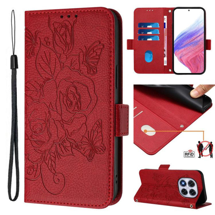 Funda de cuero antirrobo para teléfono con RFID y diseño de rosas en relieve, For Redmi A7 Pro 171mm / Poco C85x 5G, For Redmi 15a 5G, For Redmi Turbo 5 Max / Poco X8 Pro Max, For Redmi Turbo 5 5G Global / Poco X8 Pro 5G                                ...