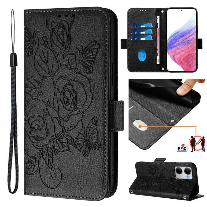 Funda de cuero antirrobo para teléfono con RFID y diseño de rosas en relieve, For Redmi A7 Pro 171mm / Poco C85x 5G, For Redmi 15a 5G, For Redmi Turbo 5 Max / Poco X8 Pro Max, For Redmi Turbo 5 5G Global / Poco X8 Pro 5G                                ...