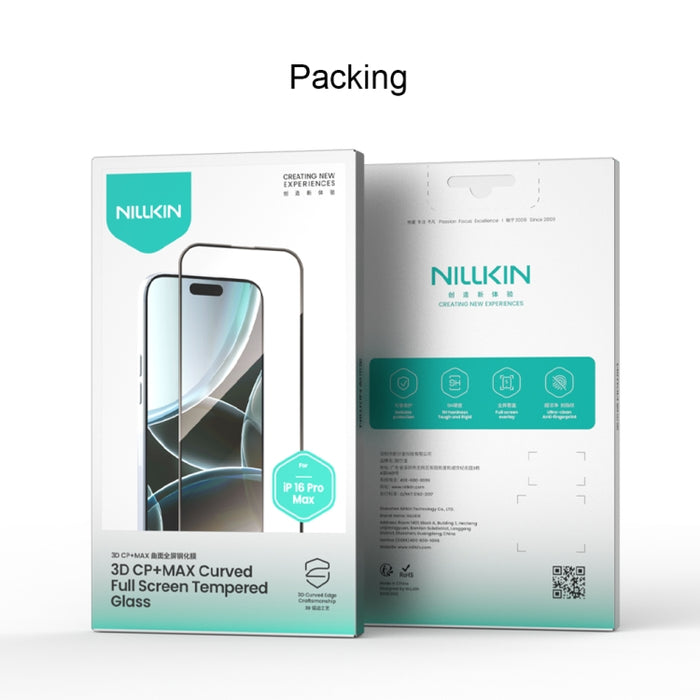 Película de vidrio templado de cobertura total antiexplosiones NILLKIN 3D CP+MAX, For iPhone 16 Pro Max, For iPhone 16 Pro, For iPhone 16 Plus, For iPhone 16