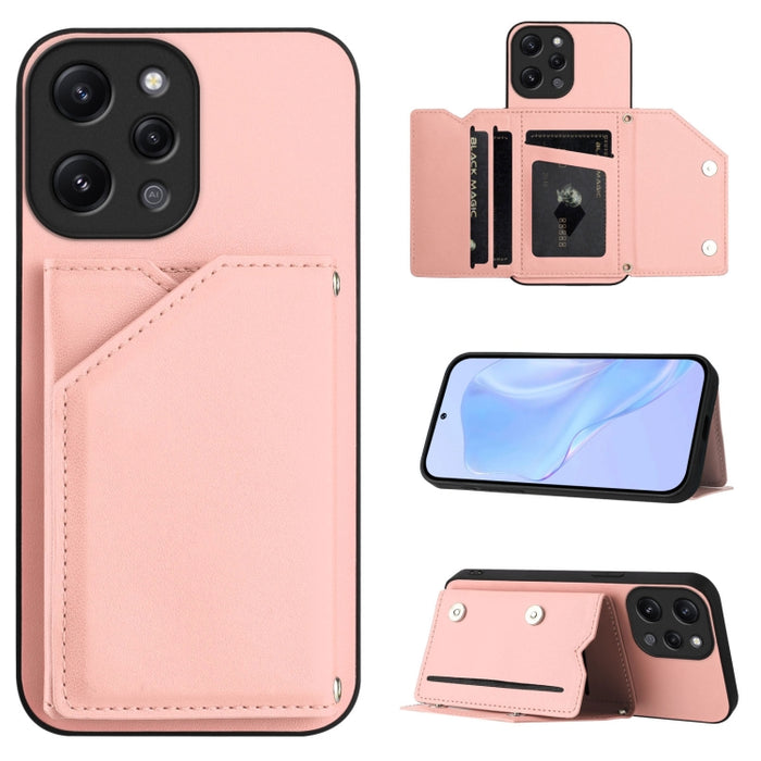 Estuche para teléfono con cuatro ranuras para tarjetas y correa para la muñeca con tacto de piel, For Redmi Turbo 4 Pro / Poco F7, For Redmi A5 4G 171.7mm / Poco C71, For Redmi Note 13R / Redmi 13, For Redmi A3 4G Global, For Redmi Note 13 Pro 4G Globa...