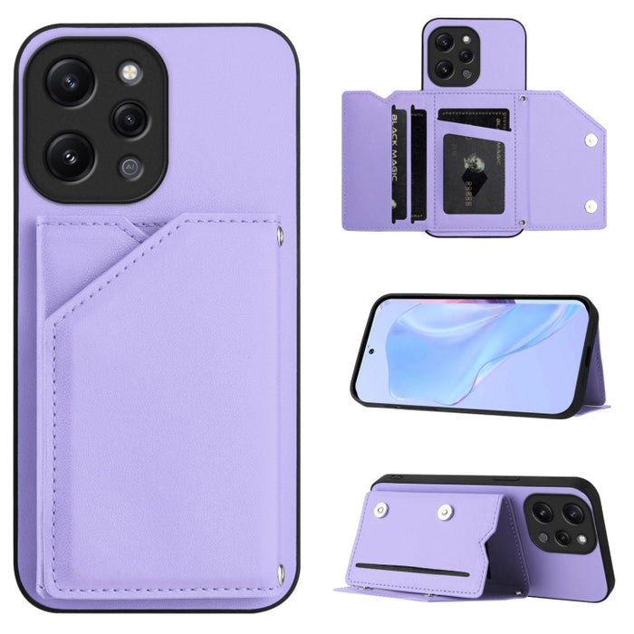 Estuche para teléfono con cuatro ranuras para tarjetas y correa para la muñeca con tacto de piel, For Redmi Turbo 4 Pro / Poco F7, For Redmi A5 4G 171.7mm / Poco C71, For Redmi Note 13R / Redmi 13, For Redmi A3 4G Global, For Redmi Note 13 Pro 4G Globa...