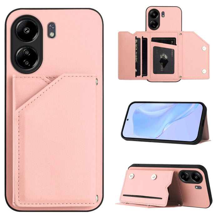 Estuche para teléfono con cuatro ranuras para tarjetas y correa para la muñeca con tacto de piel, For Redmi Turbo 4 Pro / Poco F7, For Redmi A5 4G 171.7mm / Poco C71, For Redmi Note 13R / Redmi 13, For Redmi A3 4G Global, For Redmi Note 13 Pro 4G Globa...